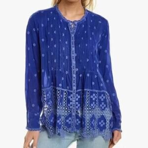 Johnny Was Blue/Purple Baez Phaedra Long Sleeve Embroidered Rayon Blouse Top XS